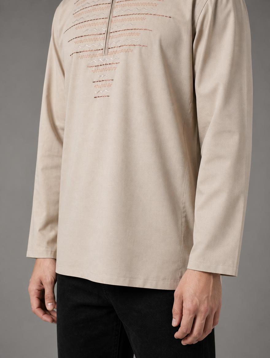 Side front view of men's beige short kurta showing straight bottom hemline and long sleeves