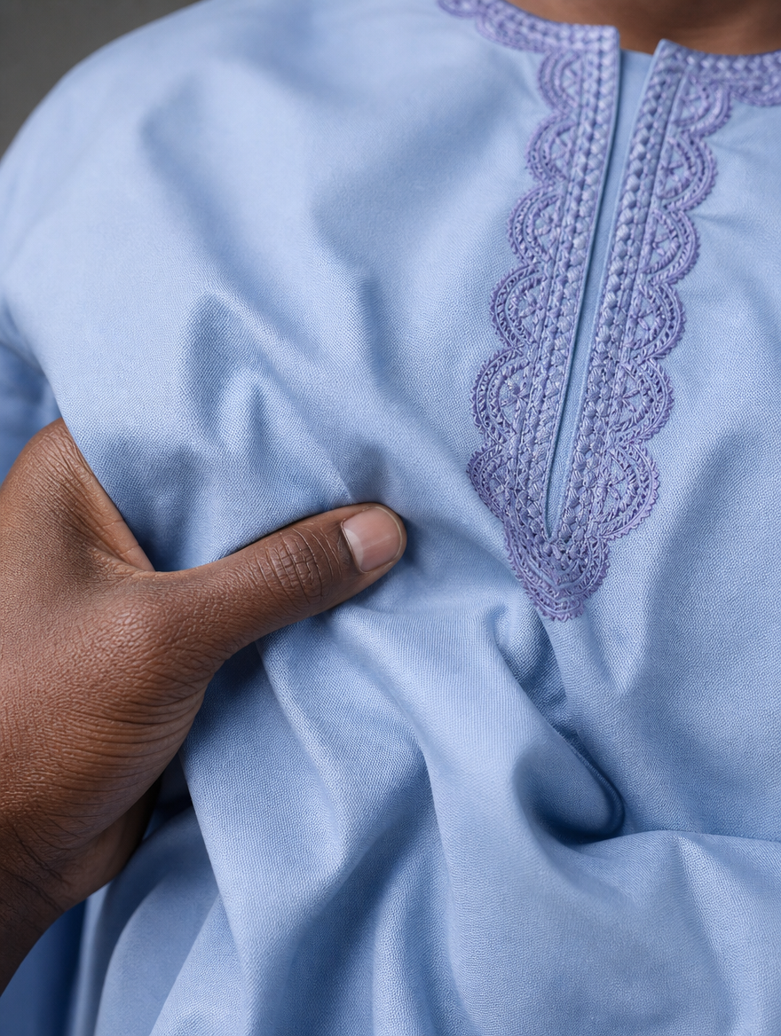 Close up showing soft light blue kurta fabric quality and detailed round neck embroidery.