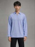 Men's light blue long sleeve short kurta shirt with a spread collar, zipper neck, and vertical pleated front paired with black pants.