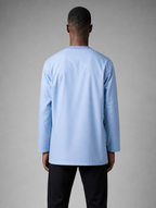 Back view of men's plain light blue short kurta shirt showing smooth tailored fit.