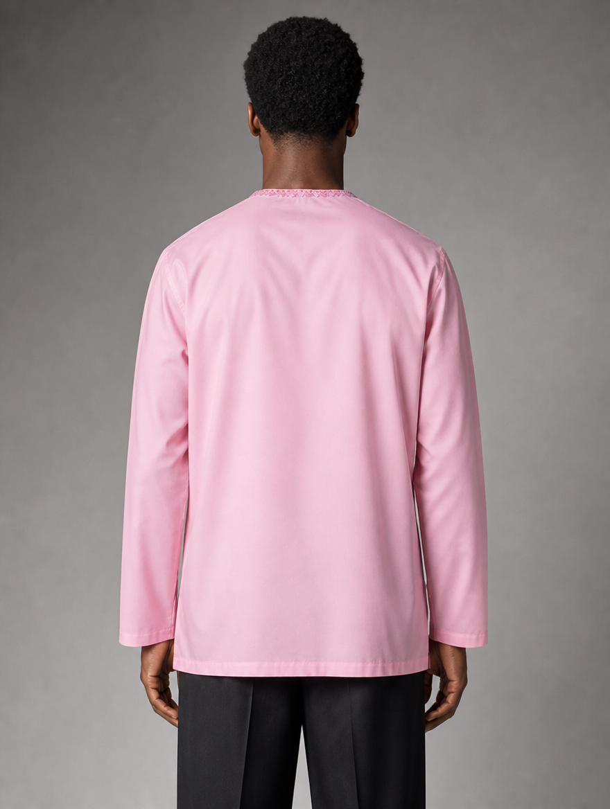 Back view of Urban Crescent men's light pink long-sleeve short kurta showing tailored fit and clean neckline embroidery.