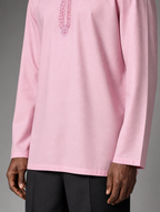 Lower view showing straight hemline and long sleeves of Urban Crescent men's light pink embroidered short kurta.